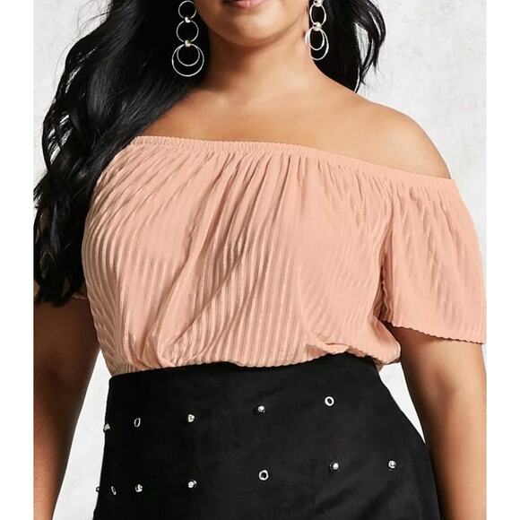 NWT Forever21+ Pink‎ Blush Peach Velvet Stripped Off the Shoulder Top Blouse - Picture 9 of 10